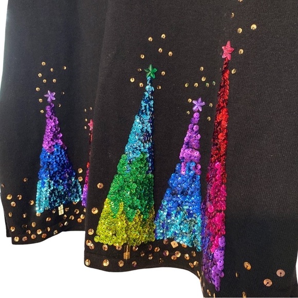 Quacker Factory Holiday V-Neck Sweater Multicolored Sequin Trees Size Medium - Picture 5 of 6